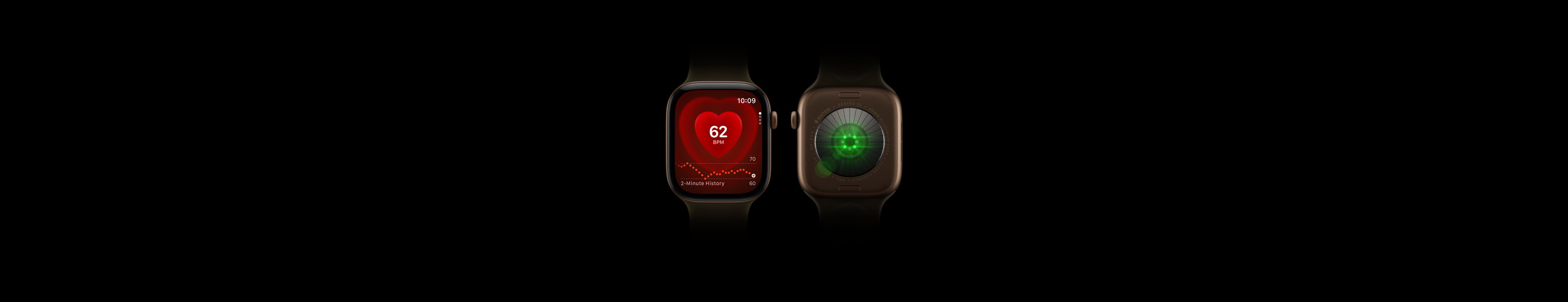 Two Apple Watch Series 12 devices, aluminium case, dark bronze colour, olive Sport Band, one showing front of watch with Heart Rate app, one showing back of watch with Health Sensing System with glowing green LED lights