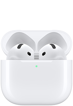 AirPods 5 ที่เก็บอยู่ในเคสชาร์จ, สีขาว, ขอบมน, ไฟ LED ภายนอกแสดงสถานะพลังงาน, ฝาเคสเปิดอยู่