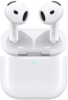 AirPods 5: สีขาว, หูฟังรูปทรงวงรี, ก้านสั้น, เคสชาร์จ, โครงสร้างที่ไร้รอยต่อมีลำโพงเปิดอยู่, ไฟ LED ภายนอกแสดงสถานะ, ฝาเคสเปิดอยู่, ยึดติดด้วยบานพับสีเงิน