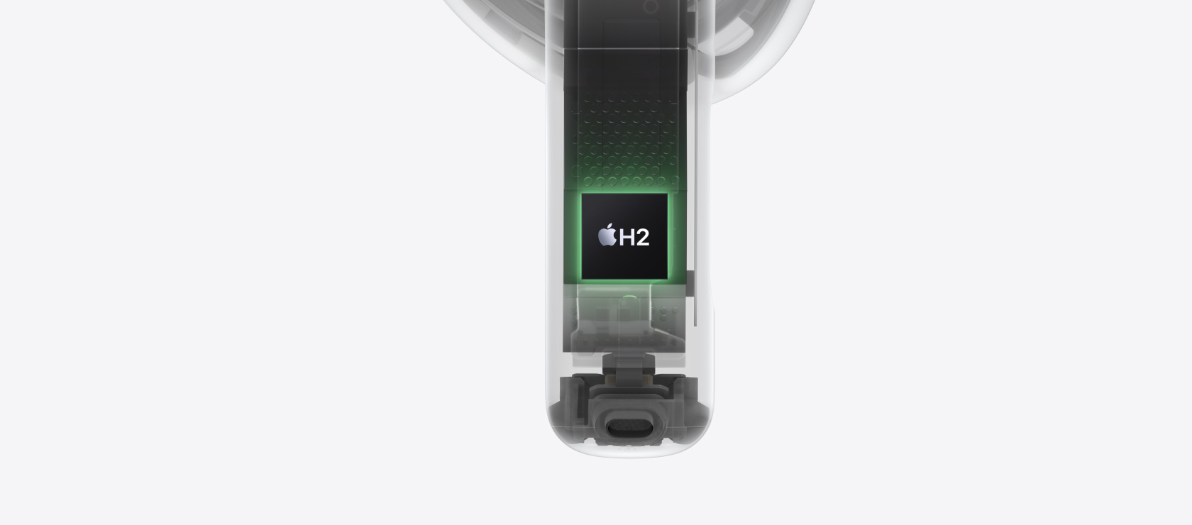 ชิป H2 ที่เป็นไฮไลท์ภายในก้านหูฟัง AirPods 5