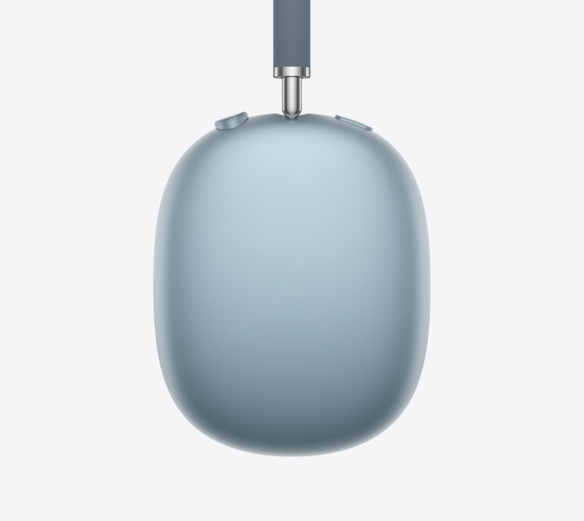 Slušalice AirPods Max 2, bočna strana, plava boja, detalji teleskopskog kraka, jastučića za uho, Digital Crown i gumba za regulaciju buke