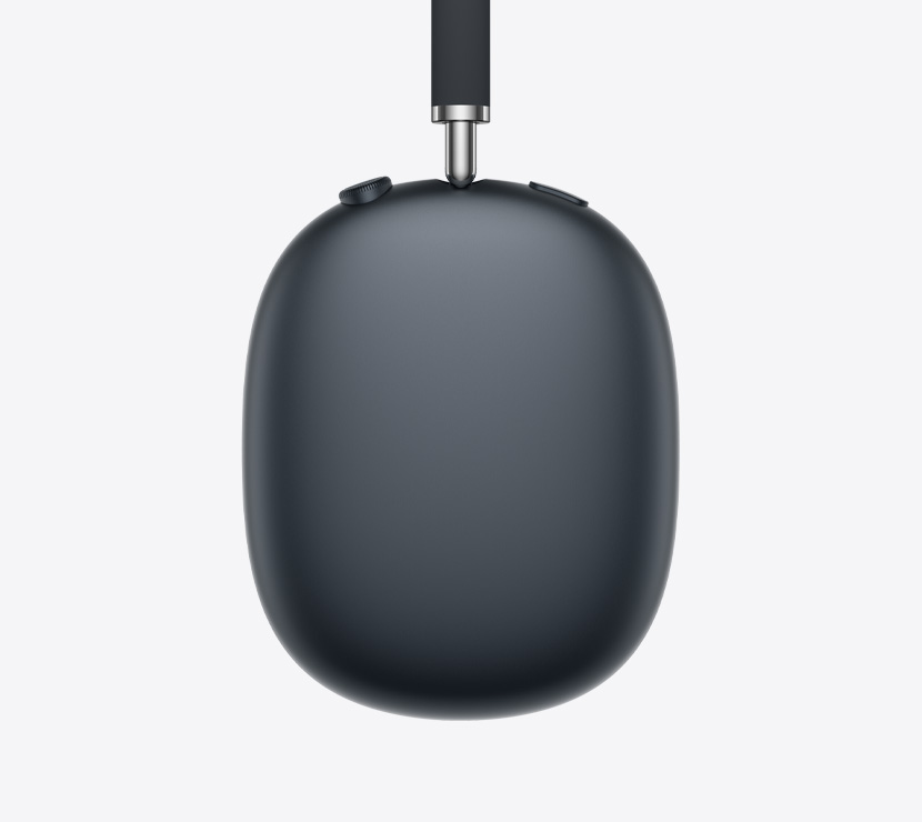 Slušalice AirPods Max 2, bočna strana, ponoćno crna boja, detalji teleskopskog kraka, jastučića za uho, Digital Crown i gumba za regulaciju buke