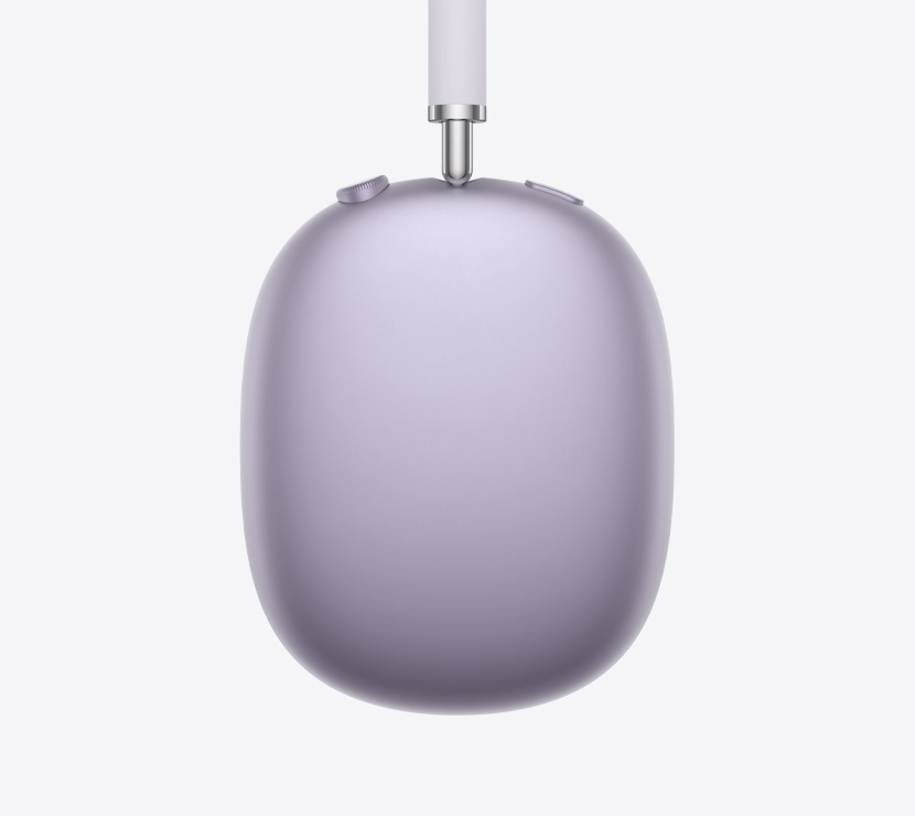 Slušalice AirPods Max 2, bočna strana, ljubičasta boja, detalji teleskopskog kraka, jastučića za uho, Digital Crown i gumba za regulaciju buke