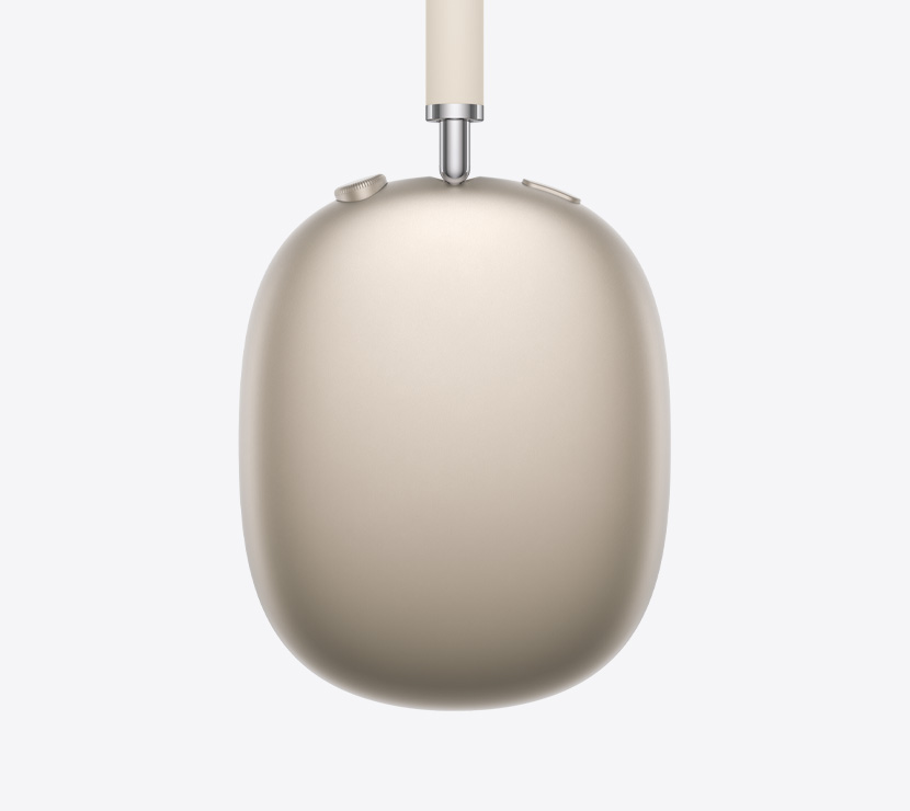 Slušalice AirPods Max 2, bočna strana, zvjezdano bijela boja, detalji teleskopskog kraka, jastučića za uho, Digital Crown i gumba za regulaciju buke