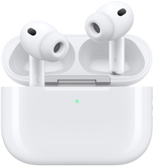 AirPods Pro 3 a nabíjacie puzdro MagSafe (USB‑C), zaoblená vonkajšia strana puzdra, LED indikátor napájania, puzdro má otvorený kryt, biela farba, bezdrôtové slúchadlá so silikónovými štupľami, na vnútornej strane stopiek sú písmená L a R