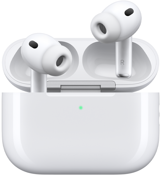 AirPods Pro 3 и кутия зарядно MagSafe (USB‑C), екстериор на заоблена кутия, LED индикатор за нивото на батерията, отворен капак на кутията, бял цвят, безжични слушалки със силиконови накрайници, интериорът на дръжката включва буквите L и R