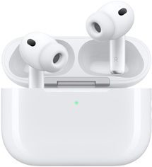 화이트 색상의 AirPods Pro 3 및 둥근 케이스 외관에 LED 전원 표시등이 갖춰진 MagSafe 충전 케이스(USB-C). 케이스가 열린 상태로, 스템 안쪽에 L 또는 R이 새겨져 있고 실리콘 팁을 갖춘 무선 헤드폰이 보입니다.