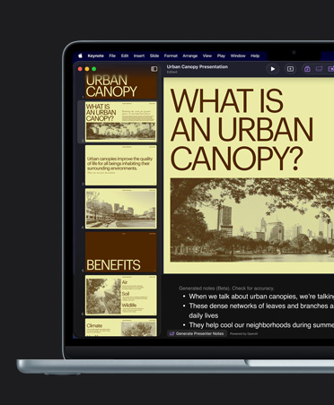 MacBook Air 13″ screen, Keynote, yellow slide titled Urban Canopy with images of buildings, AI-generated presenter notes below the slide