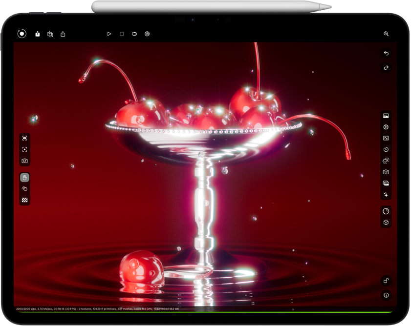 iPad Pro, pejzažna orijentacija, prikazuje renderiranje aplikacijom Octane X. Olovka Apple Pencil Pro je pričvršćena i leži vodoravno s gornje strane.