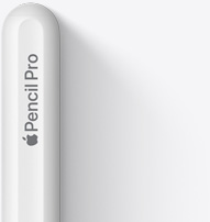 Gornji dio olovke Apple Pencil Pro prikazan sa zaobljenim vrhom, Appleovim logotipom i riječima Pencil Pro.