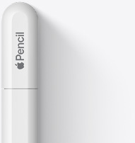 Gornji dio olovke Apple Pencil USB‑C prikazan sa zaobljenim vrhom, Appleovim logotipom i riječju Pencil. Vršak prikazuje crtu koja predstavlja mjesto na kojemu se poklopac otvara prilikom spajanja na kabel USB‑C.