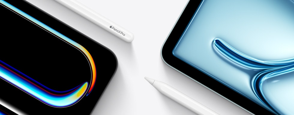 Gornji desni ugao iPada Pro uz gornji dio olovke Apple Pencil Pro. Gornji lijevi ugao iPada Air s vrškom olovke Apple Pencil USB‑C.