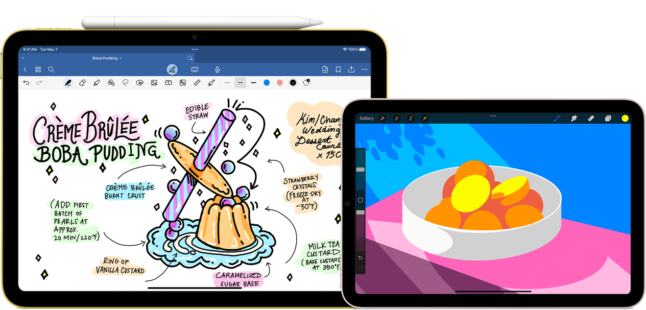 Lijevo, iPad 10. generacije, pejzažna orijentacija, prikazuje grafiku s bilješkama i crtež s olovkom Apple Pencil USB‑C pričvršćenom na vrhu. Desno, iPad mini, pejzažna orijentacija, prikazuje živopisnu ilustraciju napravljenu u aplikaciji ProCreate.