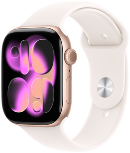 Apple Watch Series 11, в розово златно, алуминиев корпус, Responsive Art циферблат, дясна външна страна, Digital Crown, микрофон, страничен бутон, Sport Band, в цвят лек руж, сребърна закопчалка