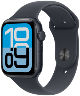 Apple Watch SE 3, алуминиев корпус, полунощен цвят, Flux циферблат, дясна външна страна, Digital Crown, микрофон, страничен бутон, Sport Band в среднощен цвят, сребърна закопчалка