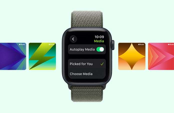 Apple Watch SE 3, алуминиев корпус, полунощен цвят, предложения за плейлист за тренировка от Apple Music, каишка, Sport Loop, горско зелен цвят