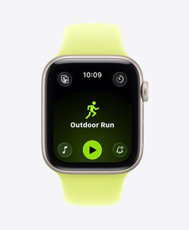 Apple Watch SE 3, алуминиев корпус, астро бял цвят, отворено Бягане на открито, Apple Music play контроли в долния край на екрана, Sport Band, неоново жълт цвят