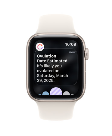Apple Watch SE 3, алуминиев корпус, астро бял цвят, известие за прогноза на овулацията от Проследяване на цикъла в приложението Здраве, Digital Crown, Sport Band, астро бял цвят