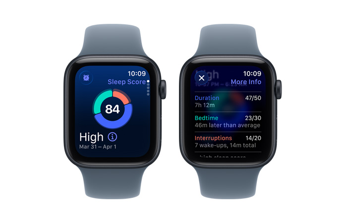 Apple Watch SE 3, показател за сън, кръгова диаграма и резултат, фазите на съня анализират будност, REM, основен и дълбок сън