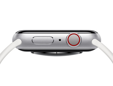 Apple Watch, silver color, right side exterior, side button, microphone, Digital Crown dial