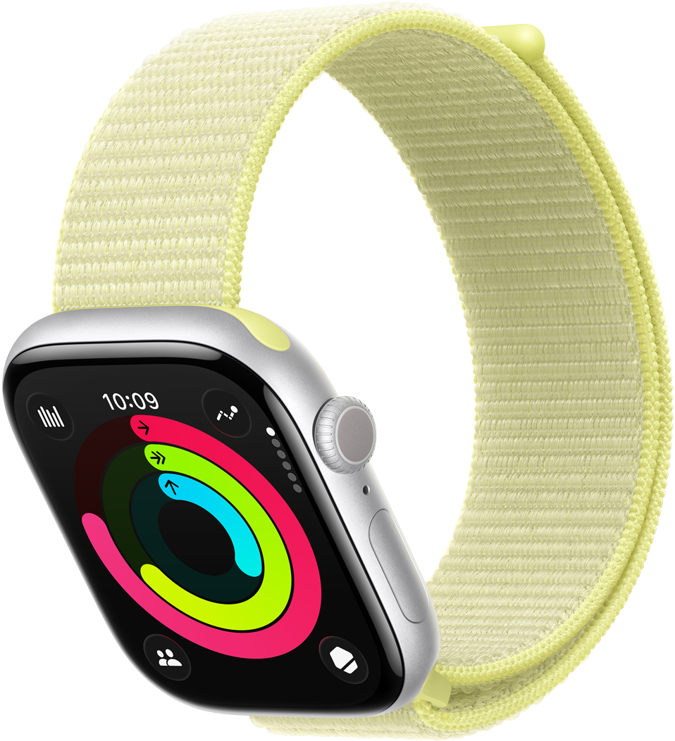 Apple Watch Series 11, srebrne boje, aluminijsko kućište, kolutovi aktivnosti: Kretanje, Vježbanje, Stajanje, desna vanjska strana, brojčanik Digital Crown, bočna tipka, mikrofon, remen, narukvica Sport neon žute boje