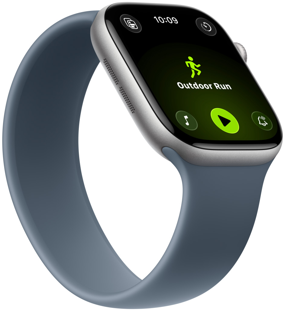 Apple Watch Series 11, aluminijsko kućište, svemirsko siva boja, trening Trčanje na otvorenom, pri dnu zaslona kontrole za Apple Music, narukvica Solo plavičasto sive boje