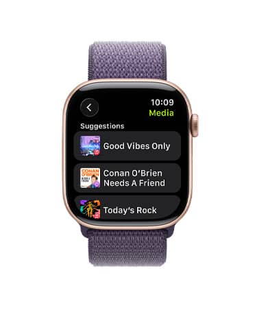 Apple Watch Series 11, ružičasto zlatna boja, aluminijsko kućište, Apple Music, glazbeni i podcast prijedlozi, vanjska desna strana, Digital Crown, remen, sportska narukvica boje ljubičaste magle