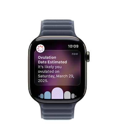 Apple Watch Series 11, boja škriljevac, kućište od titanija, obavijest o procijenjenom datumu ovulacije iz Praćenja ciklusa u aplikaciji Zdravlje, Digital Crown, magnetna narukvica, mornarsko plava boja