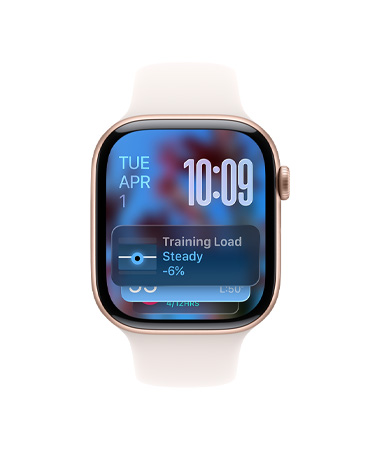 Apple Watch Series 11, warna emas rose, casing aluminium, petunjuk Smart Stack, Tali Jam Sport pink lembut