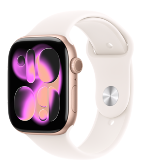 Apple Watch Series 11, ružičasto zlatna boja, aluminijsko kućište, brojčanik Responsive Art, vanjska desna strana, Digital Crown, mikrofon, bočna tipka, sportska narukvica, rumena boja