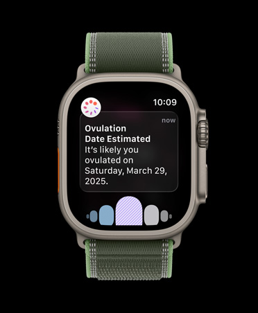 Apple Watch Ultra 3, prirodno kućište od titanija, obavijest o procijenjenom datumu ovulacije iz aplikacije Praćenje ciklusa u aplikaciji Zdravlje, narukvica Trail, zelena/neon boja