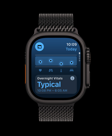Apple Watch Ultra 3, crna boja, kućište od titanija, aplikacija Vitalne funkcije, grafikon s ocjenom zdravlja, obavijest o odstupanjima vitalnih funkcija prikupljenih tijekom noći, remen, crna narukvica Milanese