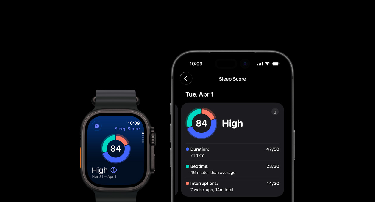Kružni grafikon rezultata spavanja i ocjena na Apple Watchu Ultra 3, cijela analiza otvorena na uparenom iPhoneu