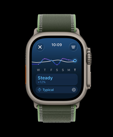 Apple Watch Ultra 3, prirodna boja, kućište od titanija, linijski grafikon opterećenja treninga i kalendar, remen, narukvica Trail, zelena/neon boja 