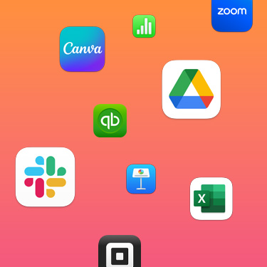 Symbolen van productiviteitsapps zoals Slack, Canva, Google Workspace, Zoom, Quickbooks, Keynote, Excel, Square en Numbers tegen een kleurrijke achtergrond.