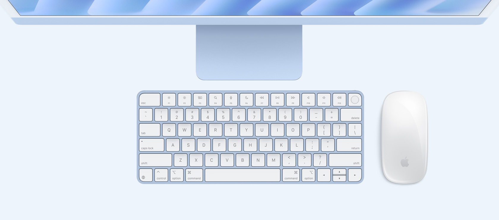 Άνω όψη του μπλε iMac με ποντίκι και πληκτρολόγιο που ταιριάζουν χρωματικά