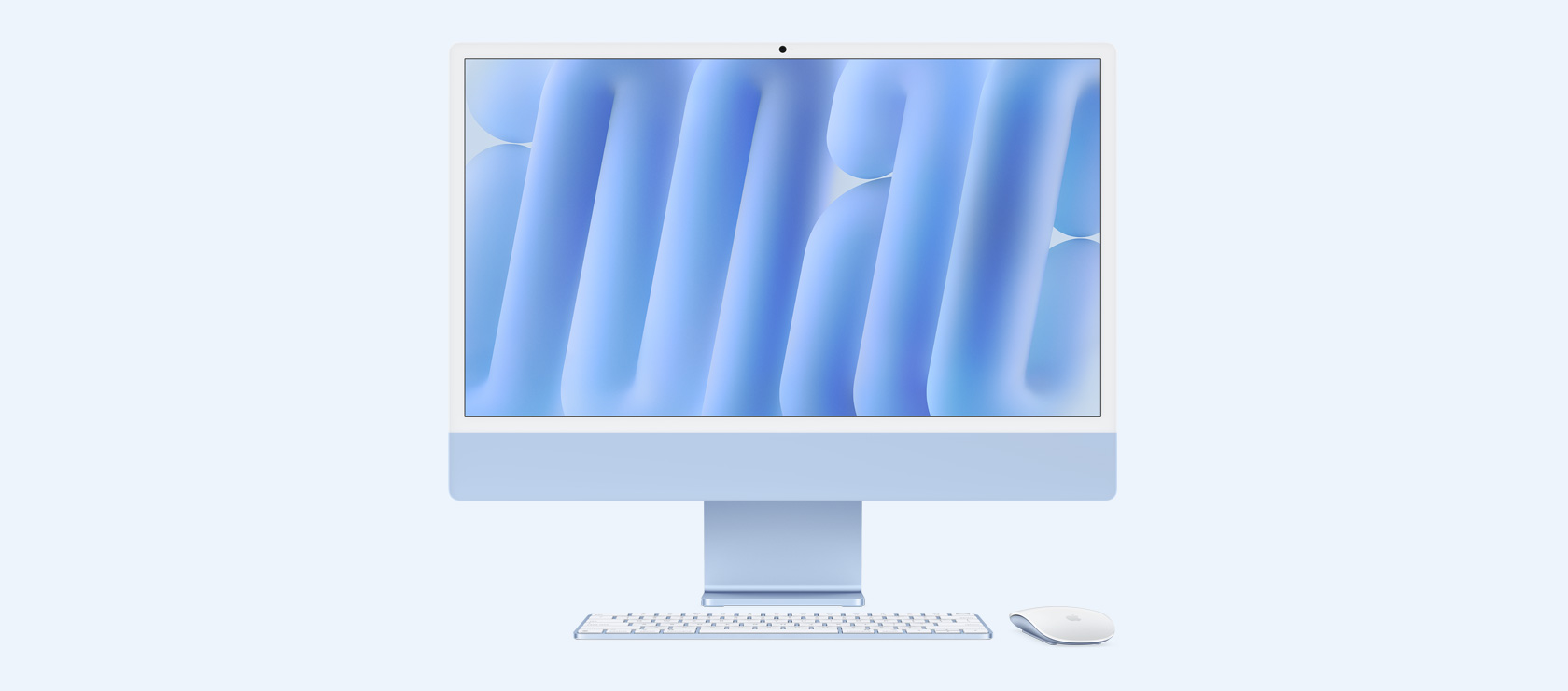 Μπροστινή όψη του μπλε iMac με ποντίκι και πληκτρολόγιο που ταιριάζουν χρωματικά