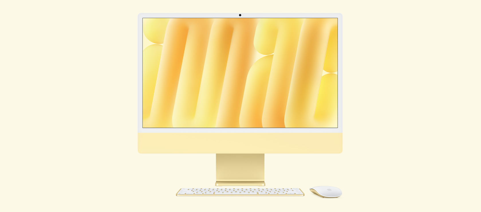 Μπροστινή όψη του κίτρινου iMac με ποντίκι και πληκτρολόγιο που ταιριάζουν χρωματικά