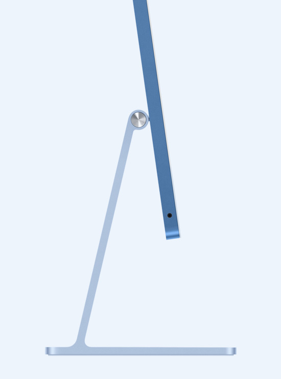 Πλαϊνή προβολή του μπλε iMac