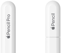 „Apple Pencil Pro“, ant užapvalinto galiuko išgraviruota „Apple Pencil Pro“ ir „Apple Pencil“ USB-C, ant galiuko dangtelio išgraviruota „Apple Pencil“.