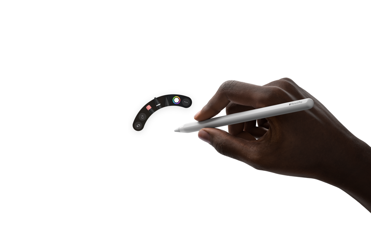 „iPad Air“, priekinė išorinė dalis, ranka, laikanti „Apple Pencil Pro“, dirba su iliustracija su užrašytomis pastabomis programoje „Procreate“