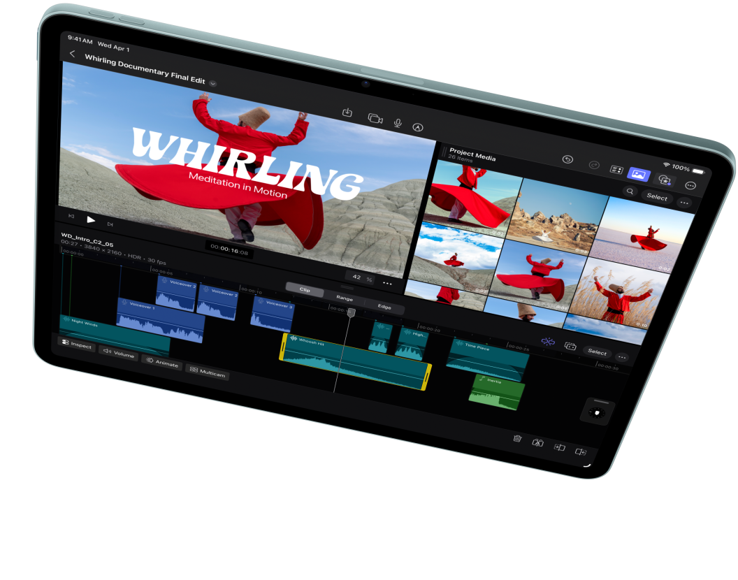 Gulsčias „iPad Air“, demonstruojantis vaizdo įrašo redagavimą naudojant „Final Cut Pro“