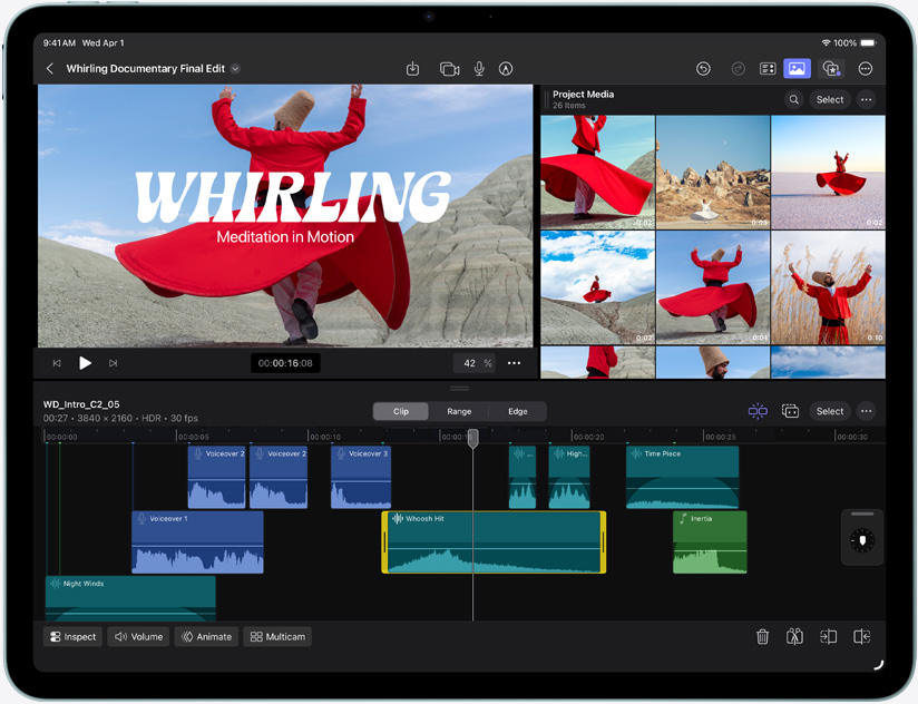 „iPad Air“, priekinė išorė dalis, demonstruojamas vaizdo įrašo redagavimas programoje „Final Cut Pro“