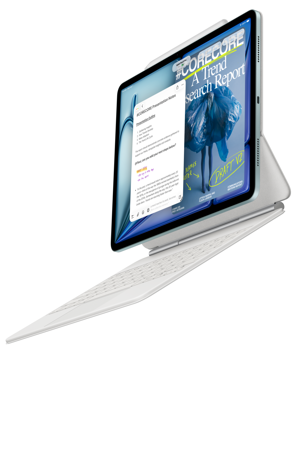 „iPad Air“ prijungtas prie „Magic Keyboard“ klaviatūros, skirtos „iPad Air“, ir „Apple Pencil Pro“