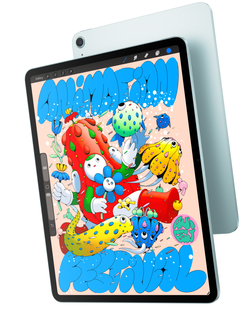 Iš priekio demonstruojamas 13 colių „iPad Air“ modelis, kurio ekrane rodoma programa „Procreate“, persidengiantis su mėlynos spalvos „iPad Air“ galine dalimi