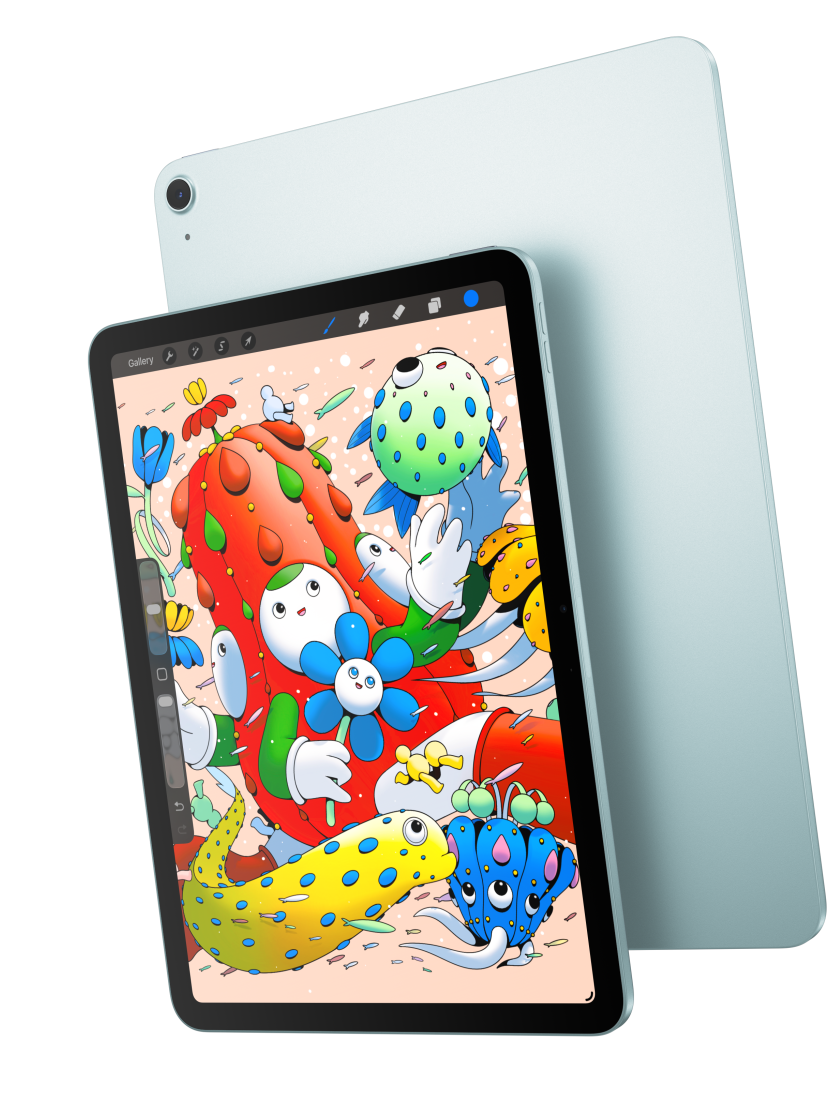 Iš priekio demonstruojamas 11 colių „iPad Air“ modelis, kurio ekrane rodoma programa „Procreate“, persidengiantis su mėlynos spalvos „iPad Air“ galine dalimi