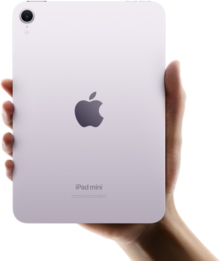 Eine Person hält das iPad mini mit der Rückseite nach vorn, um zu zeigen, wie kompakt und mobil es ist.