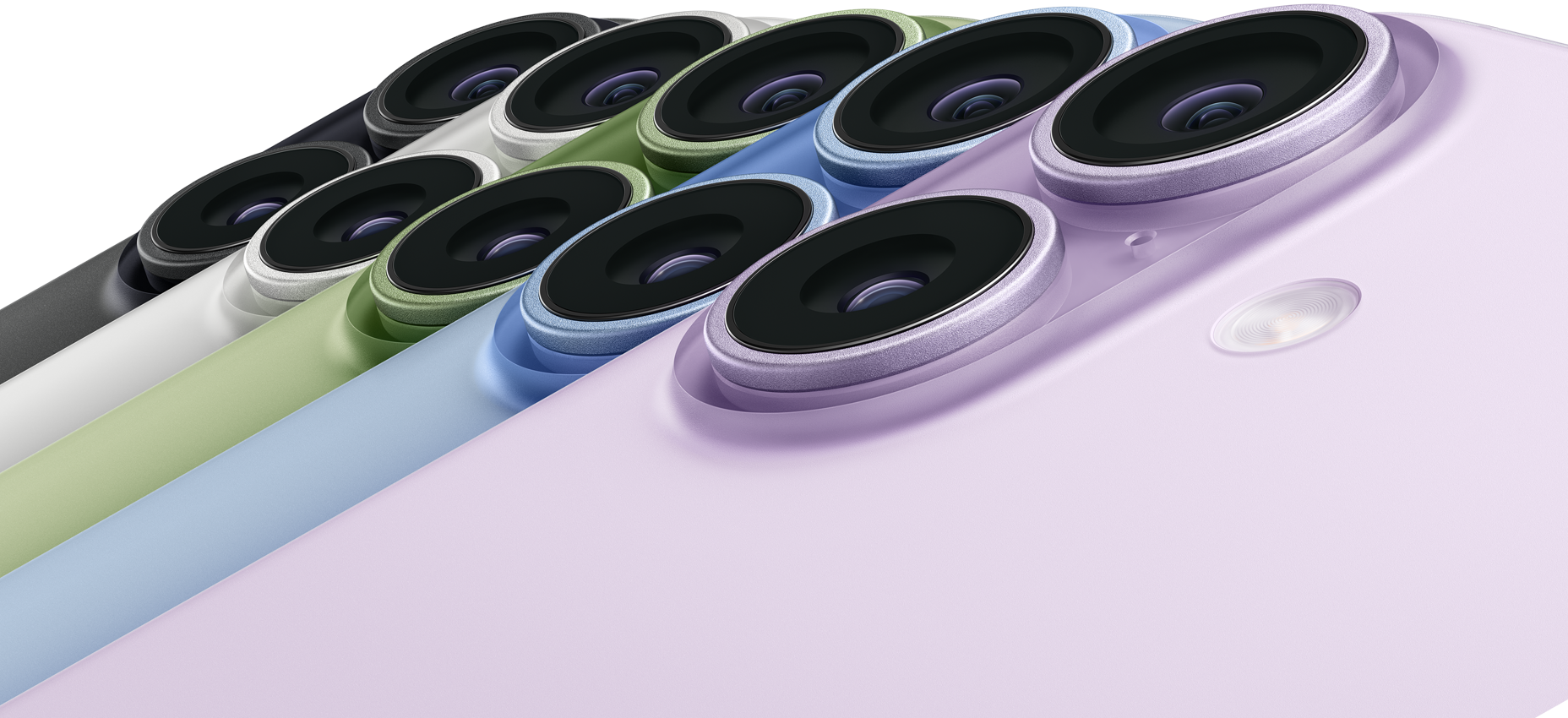 Penki „iPhone 17“ įrenginiai, nugarinė pusė, kairysis viršutinis kampas, „Fusion“ kameros, spalvos: juoda, balta, šalavijų žalia, mėlynos miglos, levandų