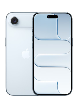 iPhone Air, eksterior belakang, warna Biru Langit, sistem kamera Fusion di bagian atas, logo Apple di tengah, eksterior depan, warna Biru Langit, Dynamic Island di tengah atas