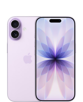 „iPhone 17“, nugarėlė, levandų spalvos, „Dual Fusion“ kamerų sistema viršutiniame kairiajame kampe, centre „Apple“ logotipas, priekis, levandų spalvos, „Dynamic Island“ viršuje centre